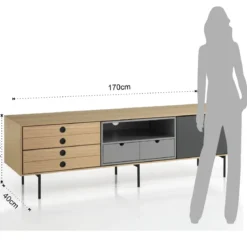 Hero madia porta tv in mdf rovere e grigio opaco con base in metallo nero cm l170 p40 h51