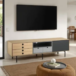 Hero madia porta tv in mdf rovere e grigio opaco con base in metallo nero cm l170 p40 h51