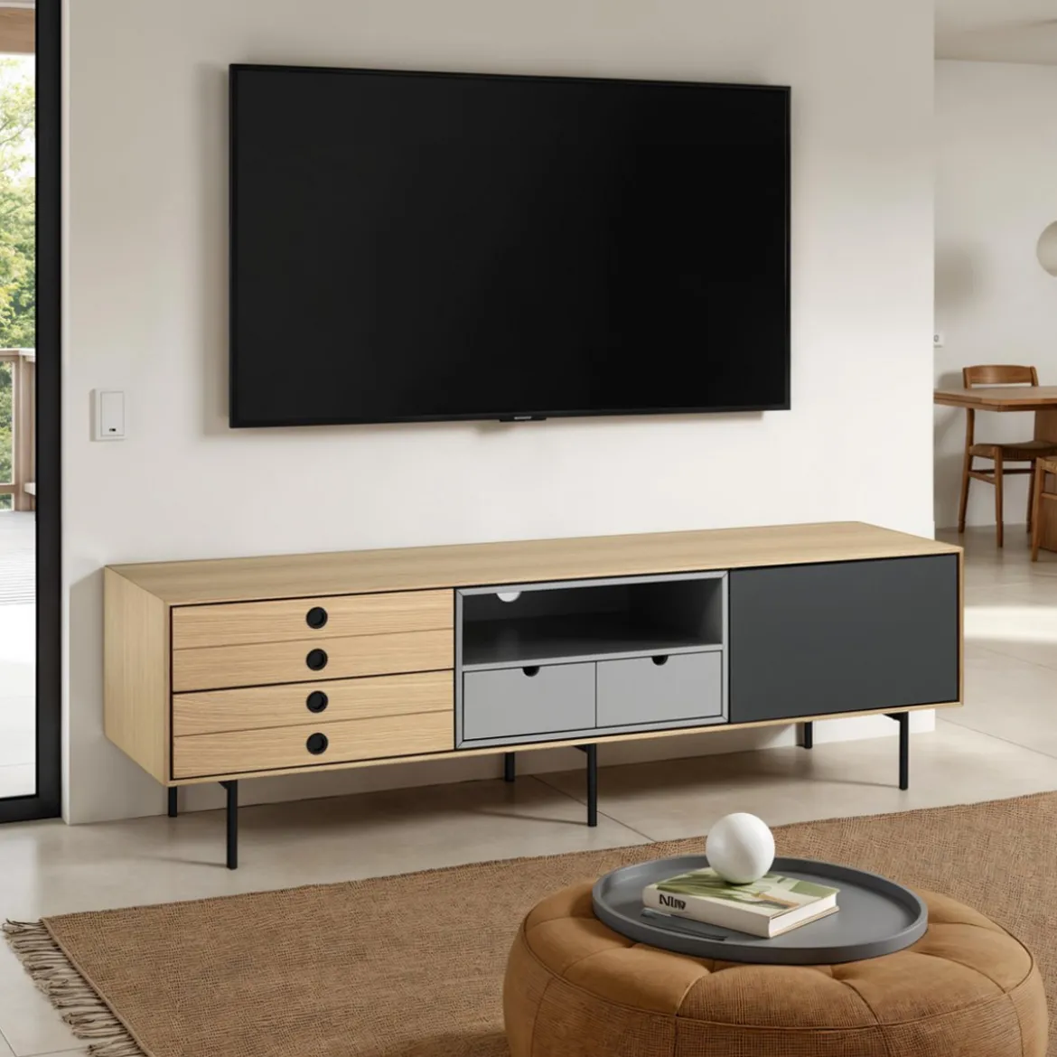 Hero madia porta tv in mdf rovere e grigio opaco con base in metallo nero cm l170 p40 h51