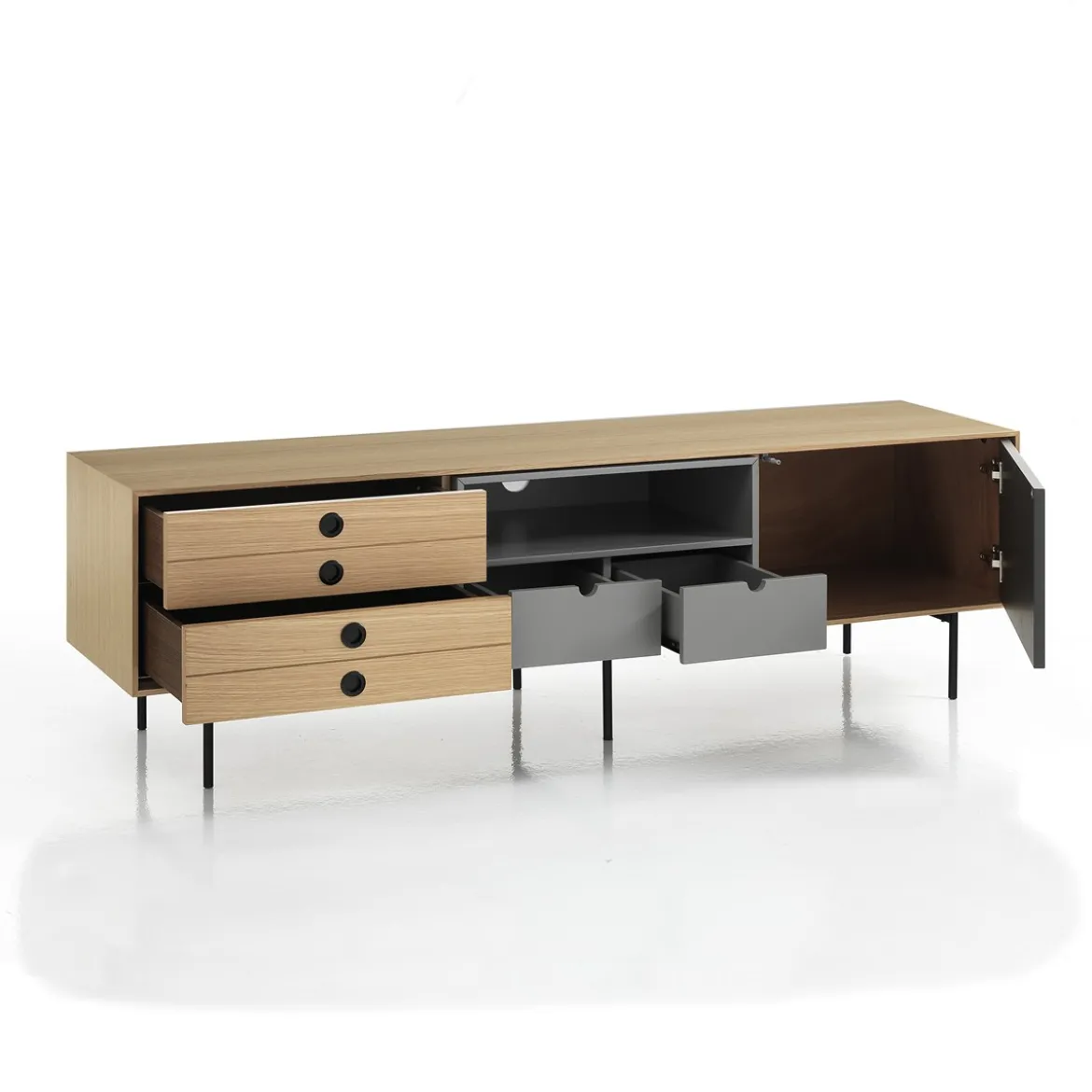 Hero madia porta tv in mdf rovere e grigio opaco con base in metallo nero cm l170 p40 h51