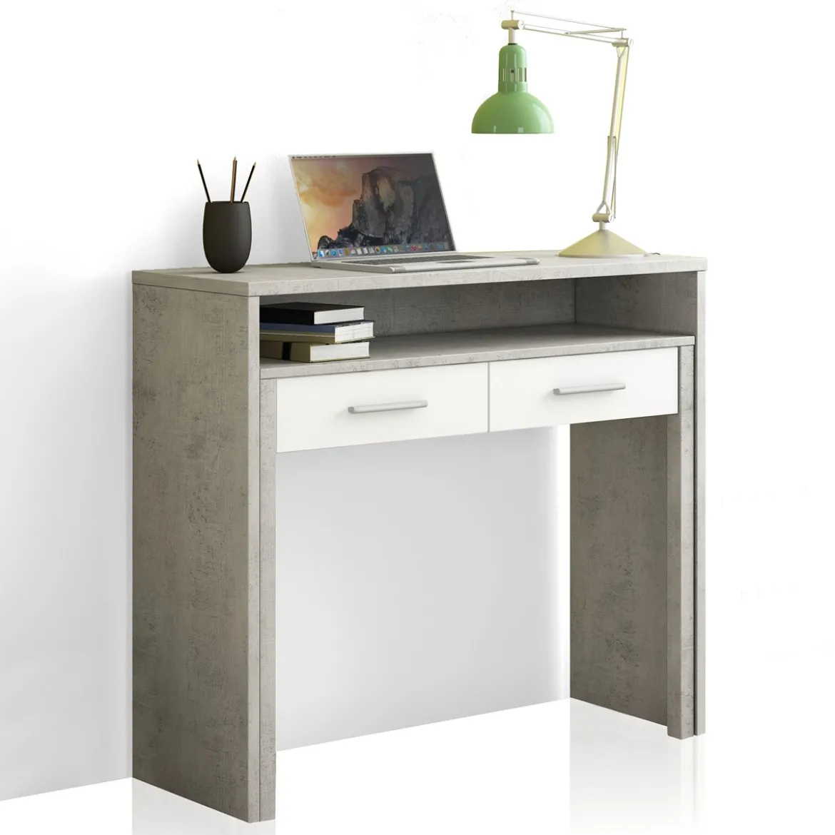 Hidden Cement Consolle / Scrivania Grigia finitura Cemento e Larice Bianco, 99 x 36 / 66 x h 88 cm