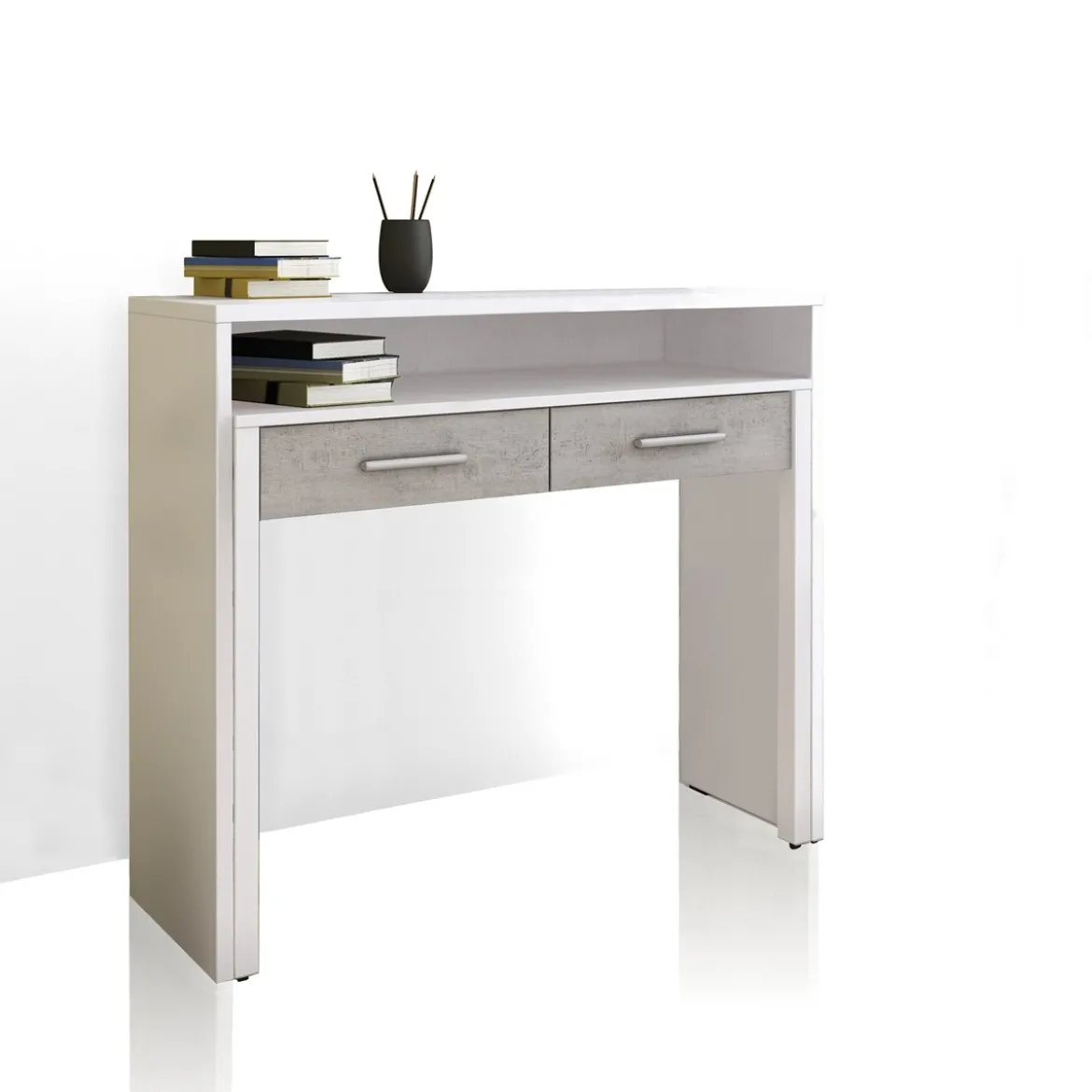 Hidden Scrittoio Consolle finitura Larice Bianco e Grigio Cemento, 99 x 36 / 66 x h 88 cm