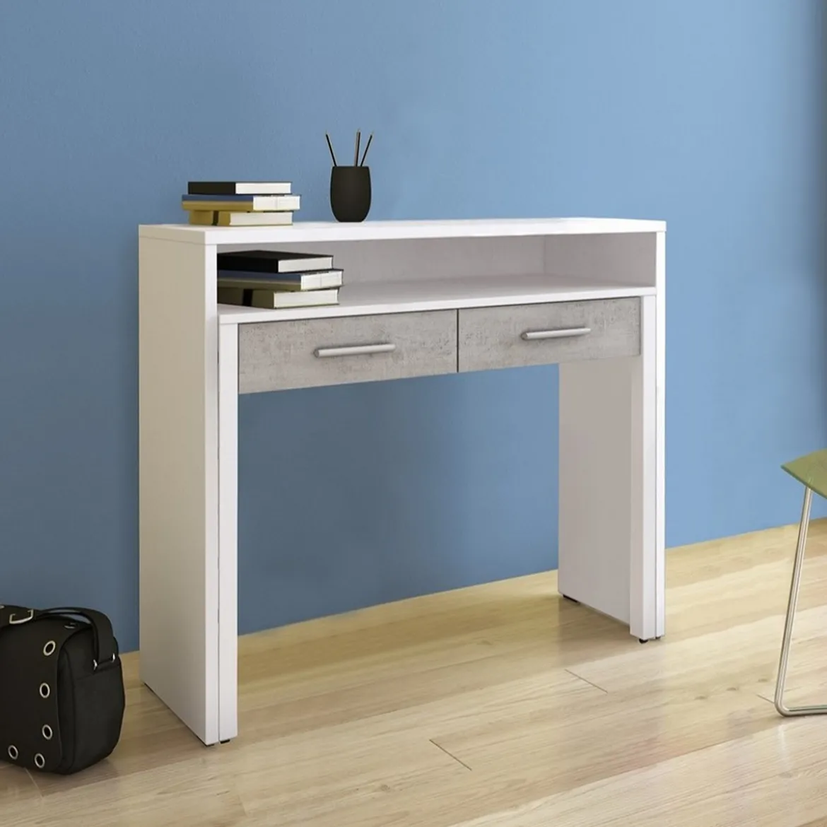 Hidden Scrittoio Consolle finitura Larice Bianco e Grigio Cemento, 99 x 36 / 66 x h 88 cm