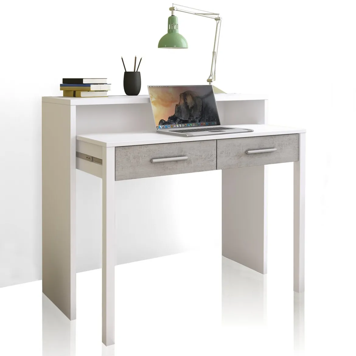 Hidden Scrittoio Consolle finitura Larice Bianco e Grigio Cemento, 99 x 36 / 66 x h 88 cm