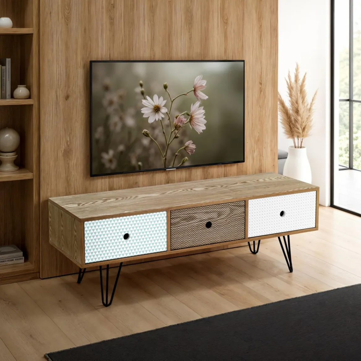 Hijo mobile porta tv in mdf frassino con 3 cassetti colorati cm h40 l120 p40
