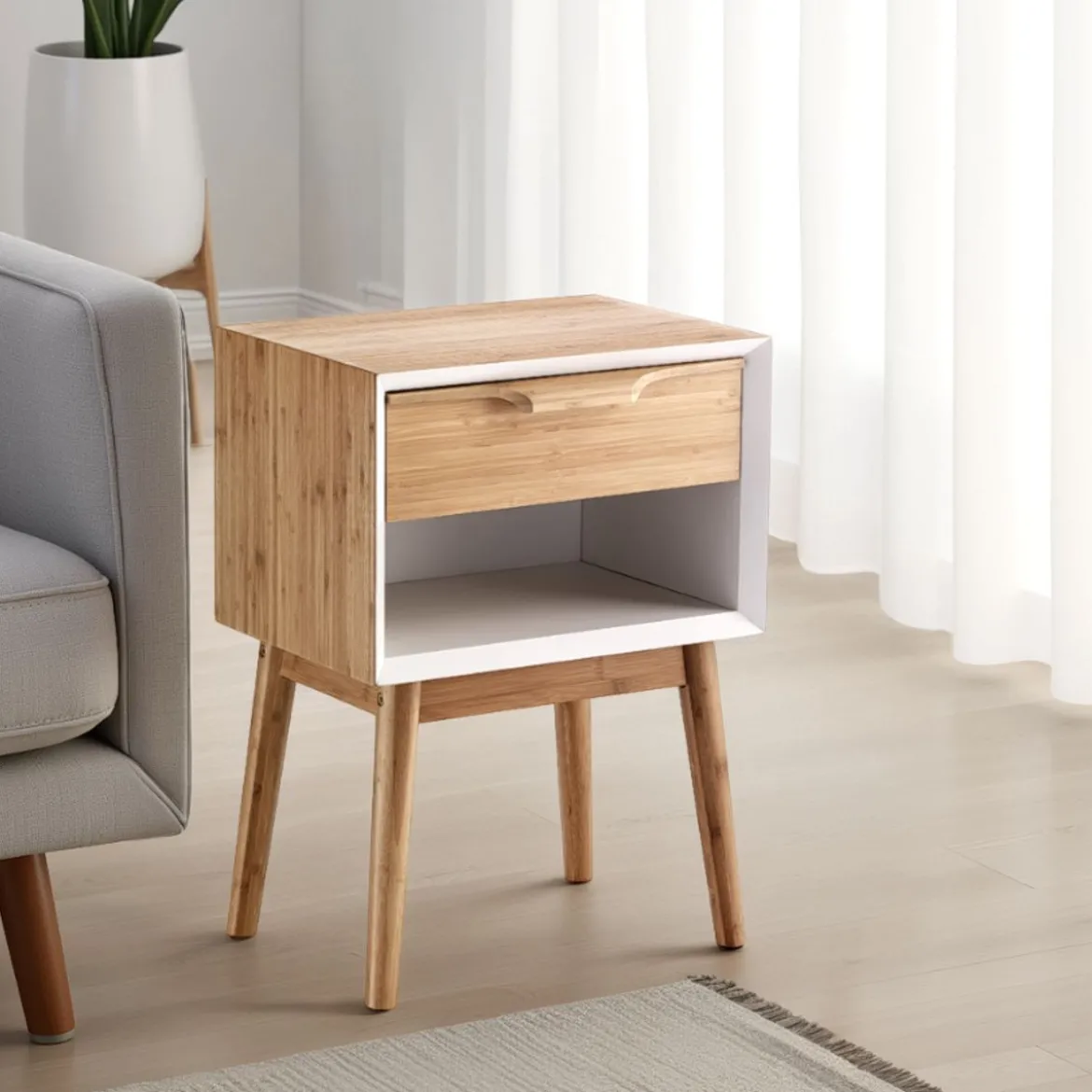 Hijo white comodino tavolino legno massello di bamboo h58 l42 p30 cm