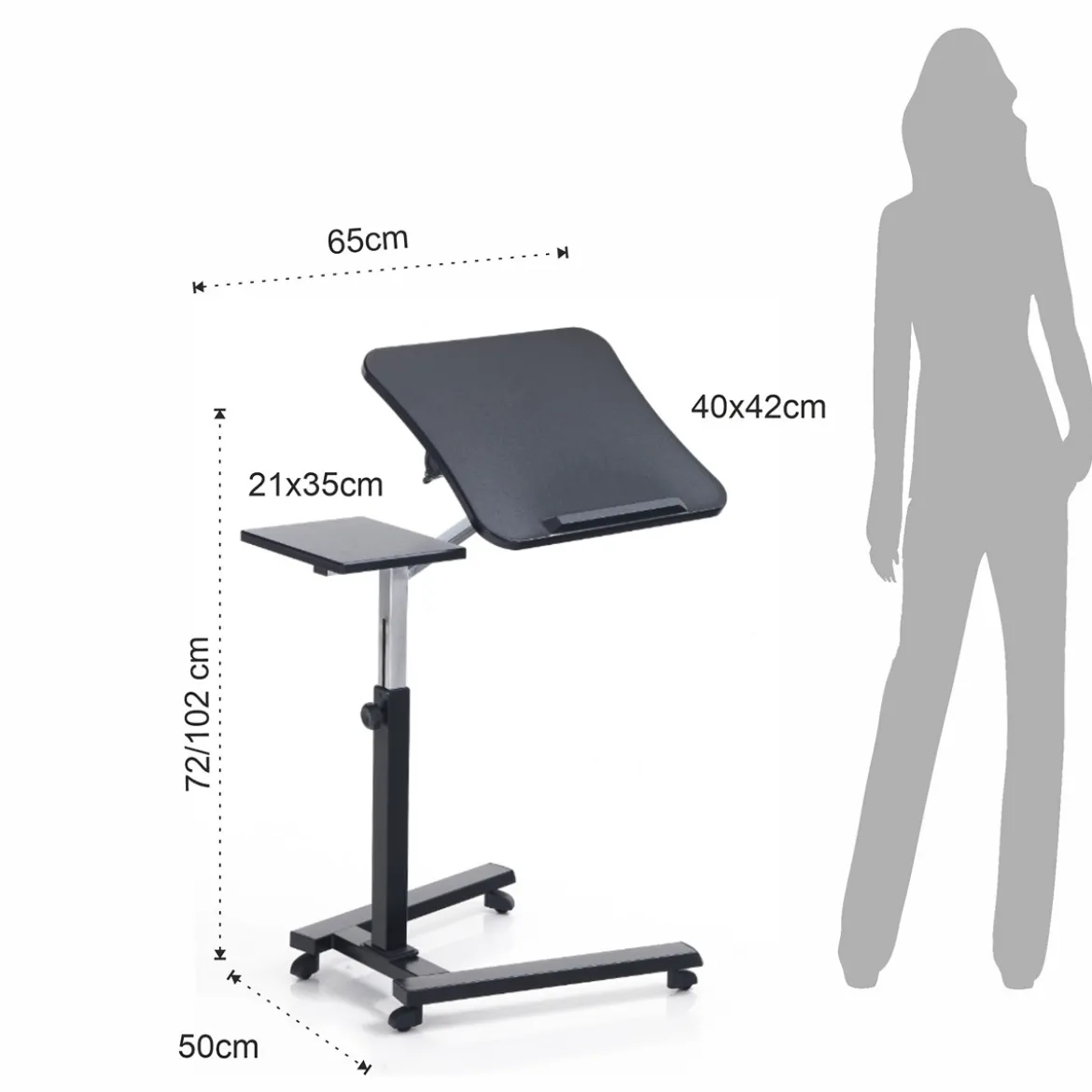 Holy carrello porta notebook e tablet in acciaio cromato e nero opaco regolabile 65x50xh72-102 cm