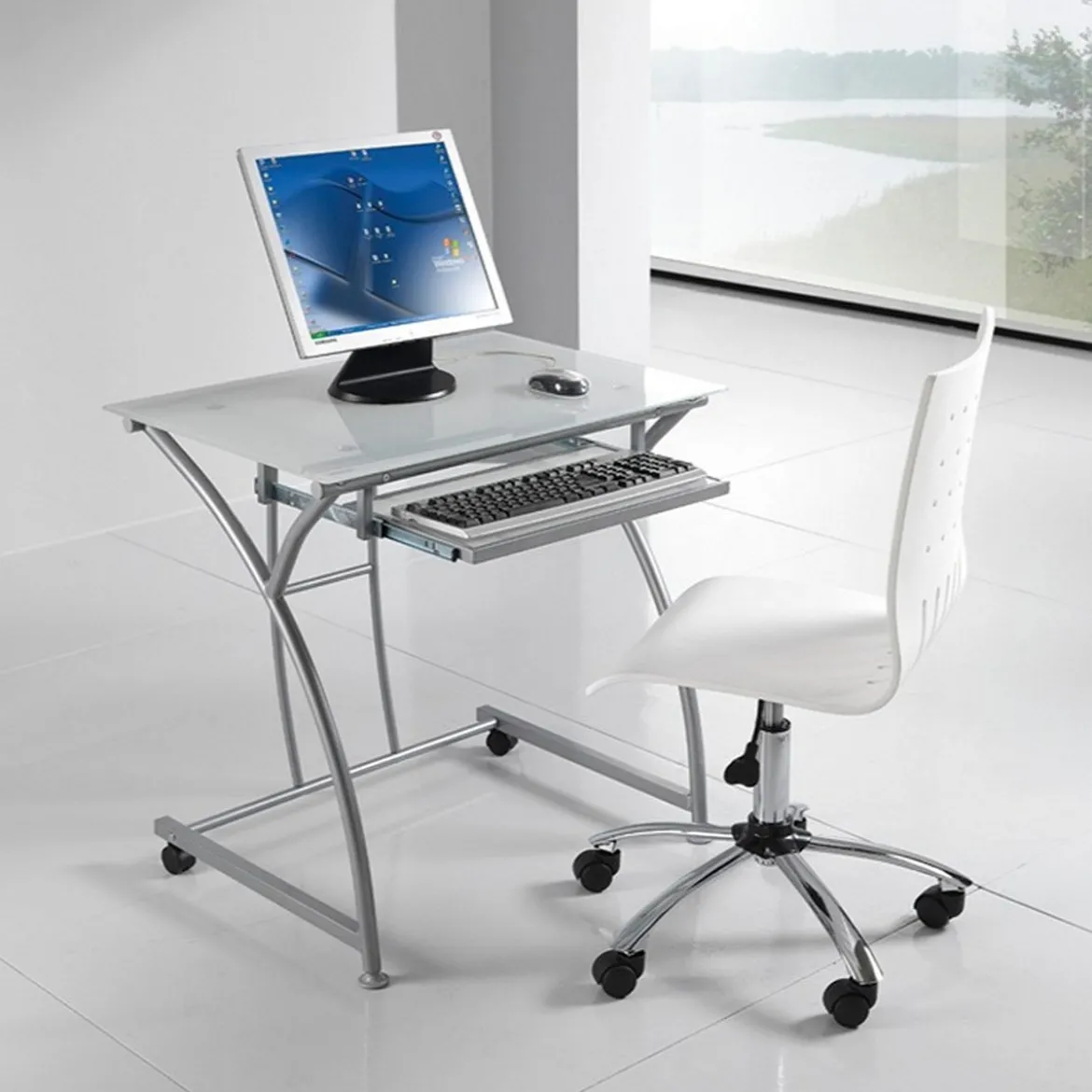 Idea Scrivania in Vetro Bianco e Metallo Satinato, 77 x 52 x h 74 cm