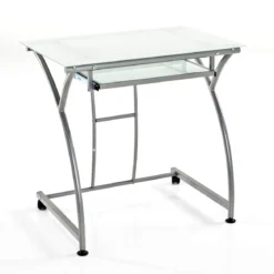 Idea Scrivania in Vetro Bianco e Metallo Satinato, 77 x 52 x h 74 cm