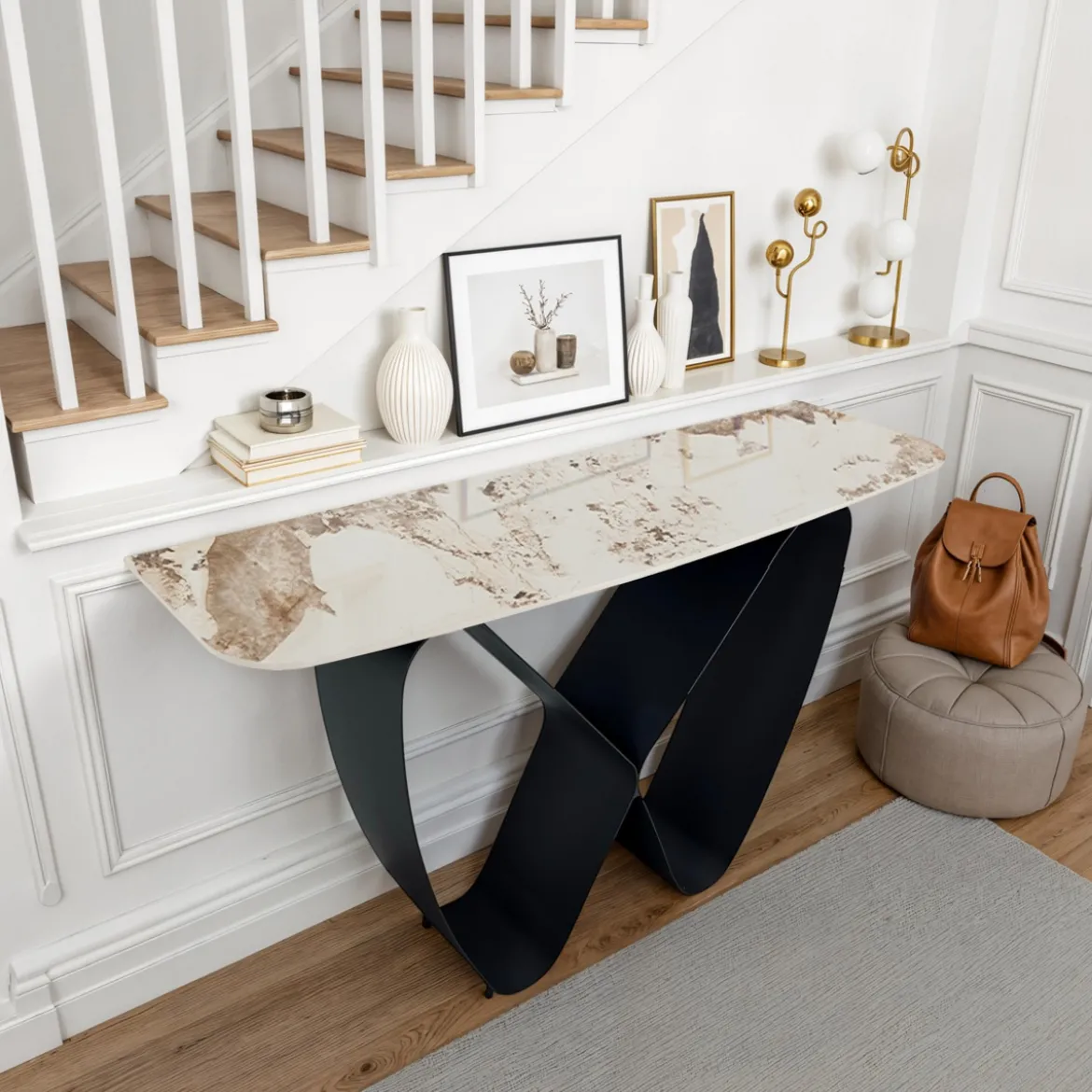 Infinity Onice Marble Consolle ceramica marmo onice lucido basamento metallo grigio opaco h80 p40 l130