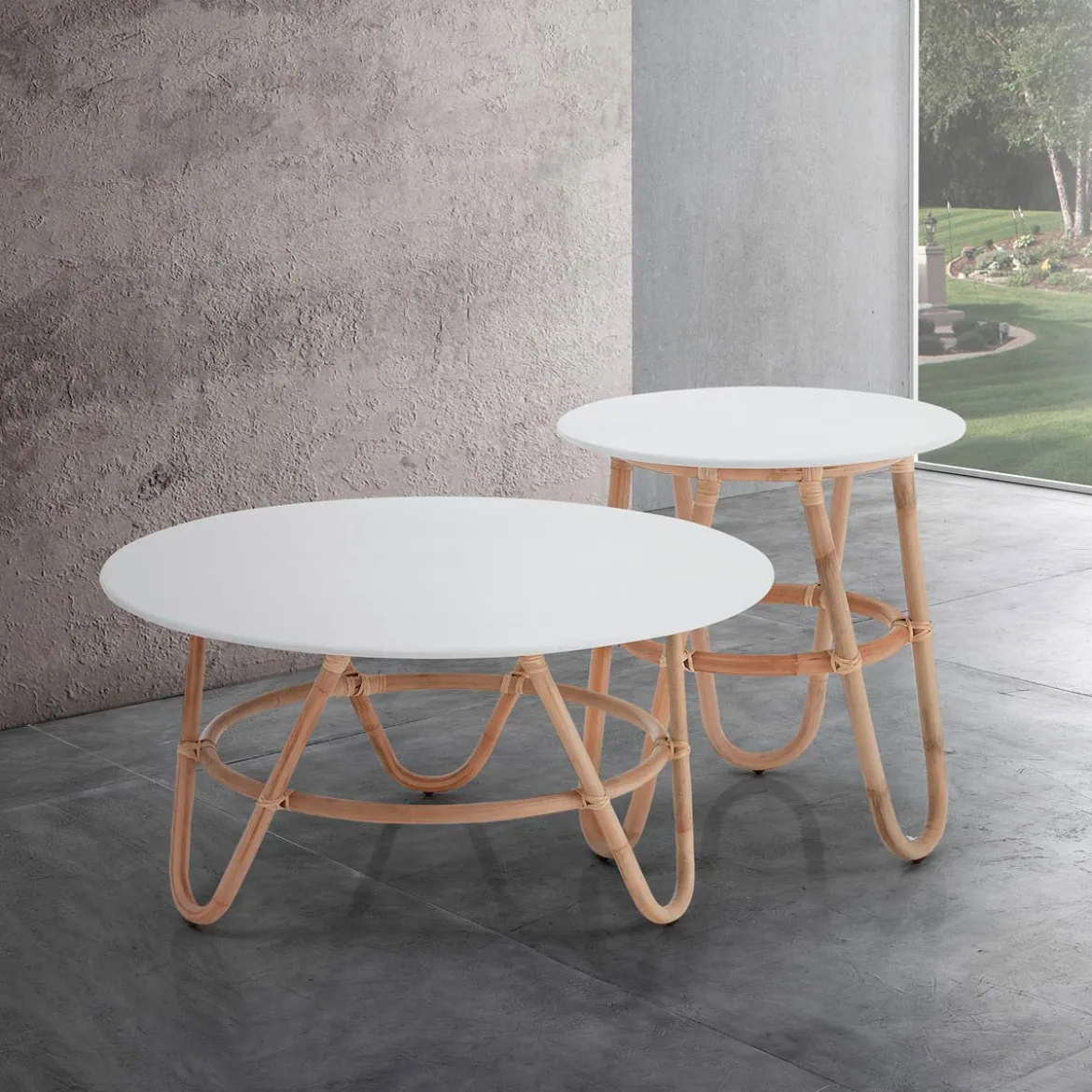 Jalaja tavolino alto in rattan con top laccato bianco d50xh55 cm