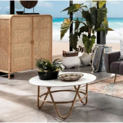 Jalaja tavolino basso in rattan con top laccato bianco d90xh45 cm
