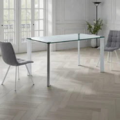 Janet Tavolo / Scrivania in Vetro Temprato trasparente con gambe in Metallo Bianco Lucido, 140 x 80 x h75 cm