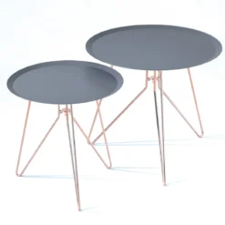 Jolly set 2 tavolini in acciaio piano verniciato antracite e gambe rame d40 d50 cm