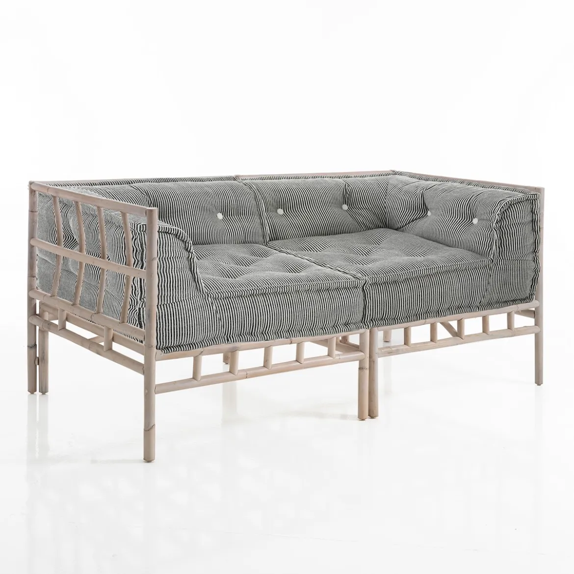 Julia-c divano 2 posti in rattan sbiancato rivestimento 100% cotone grigio scuro 160x80xh70 cm