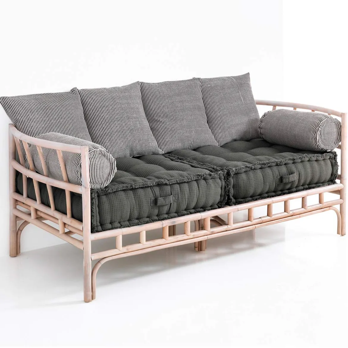 Julia-e divano 2 posti in rattan sbiancato rivestimento 100% cotone grigio 182x80xh70 cm