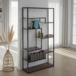 Jumble high black mobile e libreria in metallo nero opaco ripiani finitura legno invecchiato 80x30xh160 cm