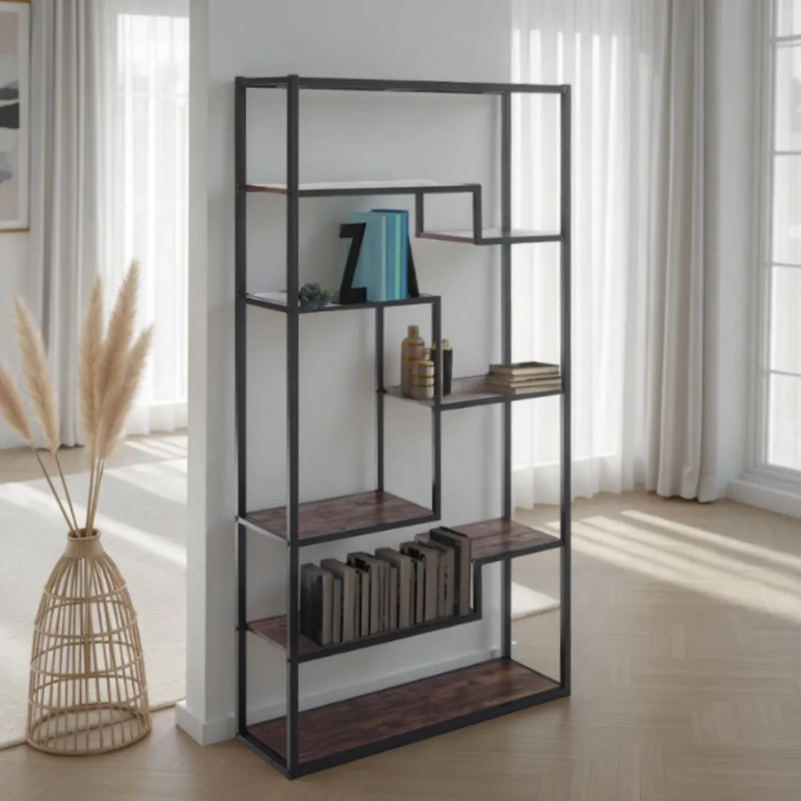 Jumble high black mobile e libreria in metallo nero opaco ripiani finitura legno invecchiato 80x30xh160 cm