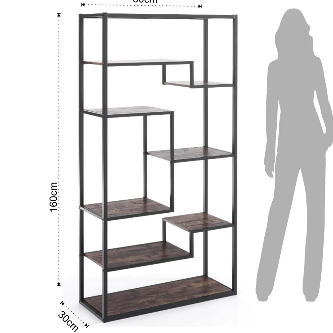 Jumble high black mobile e libreria in metallo nero opaco ripiani finitura legno invecchiato 80x30xh160 cm