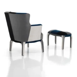 Kaleidos-e blue poltrona pouf tessuto tecnica patchwork gambe legno massello cm h.98 x l.78 x p.70