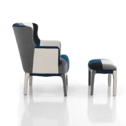 Kaleidos-e blue poltrona pouf tessuto tecnica patchwork gambe legno massello cm h.98 x l.78 x p.70