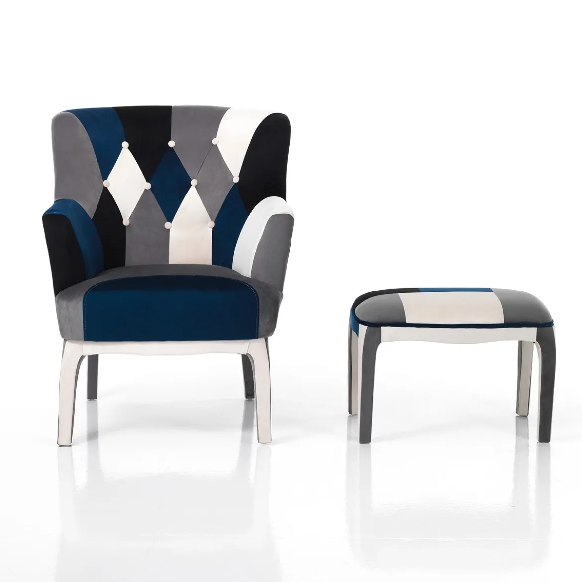 Kaleidos-e blue poltrona pouf tessuto tecnica patchwork gambe legno massello cm h.98 x l.78 x p.70