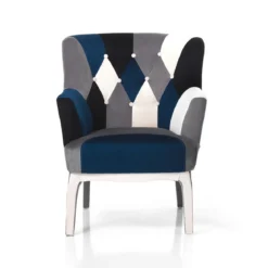 Kaleidos-e blue poltrona pouf tessuto tecnica patchwork gambe legno massello cm h.98 x l.78 x p.70