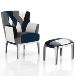 Kaleidos-e blue poltrona pouf tessuto tecnica patchwork gambe legno massello cm h.98 x l.78 x p.70