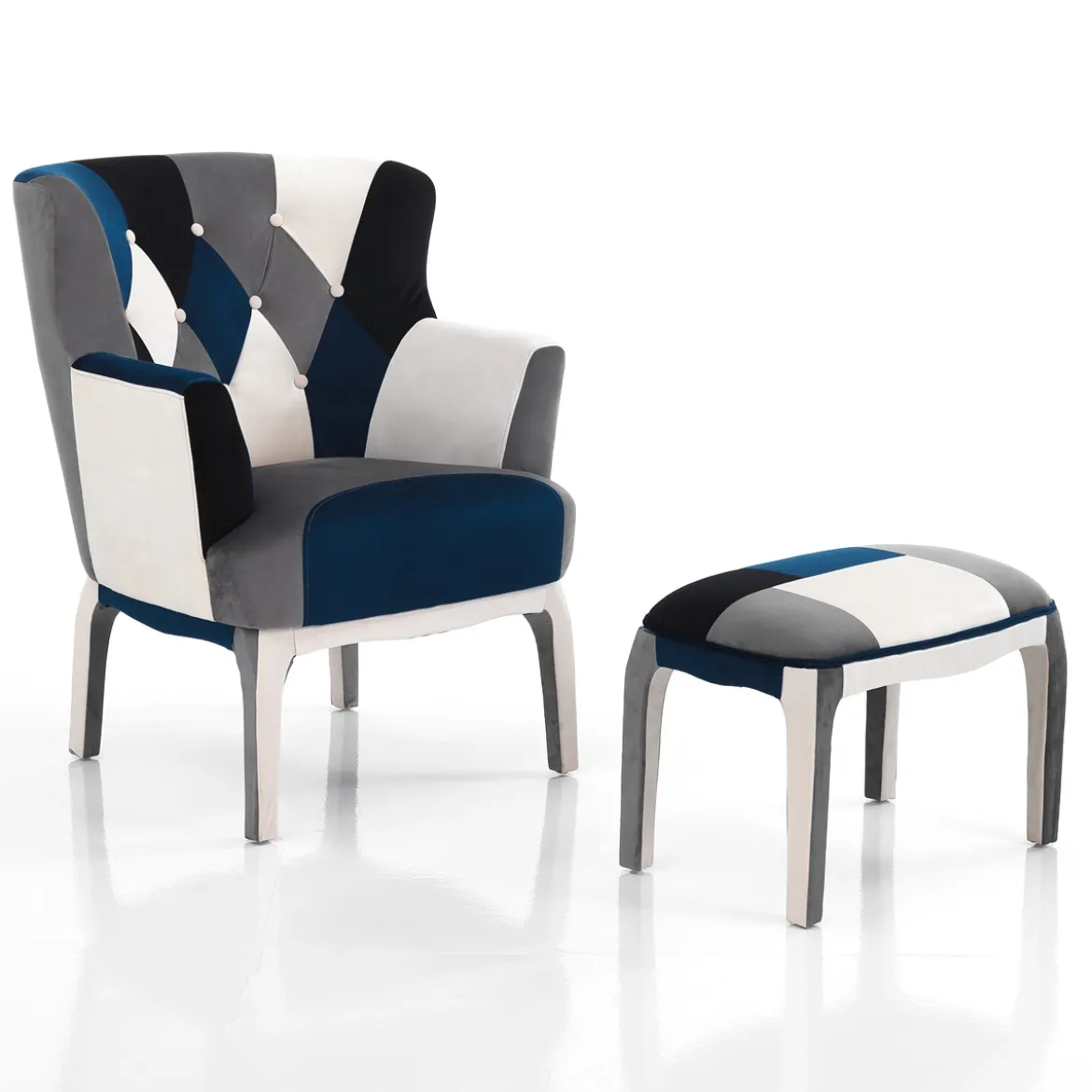 Kaleidos-e blue poltrona pouf tessuto tecnica patchwork gambe legno massello cm h.98 x l.78 x p.70