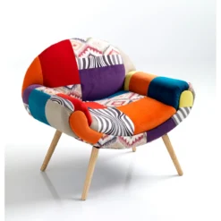 Kaleidos-f poltrona in tessuto patchwork e legno massello finitura rovere 84x69xh74 cm