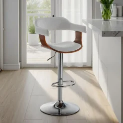 Kalmar sgabello in pelle sintetica bianca e finitura noce base in metallo cromato 50x46xh90-110 cm