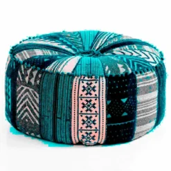 Kamar blue patch pouf rotondo rivestimento cotone 100% patchwork blu d60xh30 cm