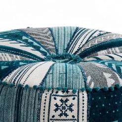 Kamar blue patch pouf rotondo rivestimento cotone 100% patchwork blu d60xh30 cm