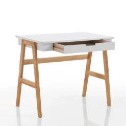 Karro Scrivania / Computer Desk Bianca Opaco Laccata e Legno Massello finitura Rovere, 90 x 55 x h 75 cm