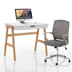 Karro Scrivania / Computer Desk Bianca Opaco Laccata e Legno Massello finitura Rovere, 90 x 55 x h 75 cm