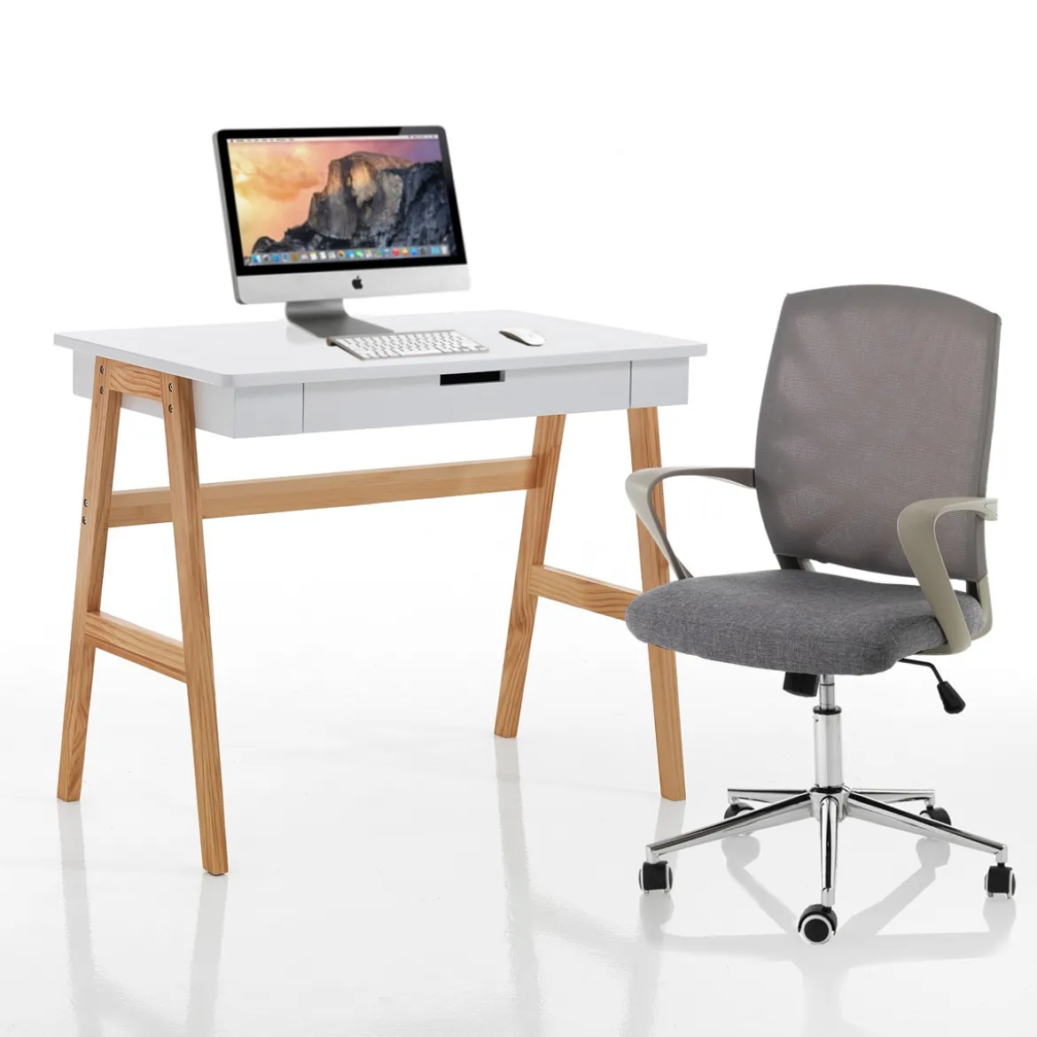 Karro Scrivania / Computer Desk Bianca Opaco Laccata e Legno Massello finitura Rovere, 90 x 55 x h 75 cm