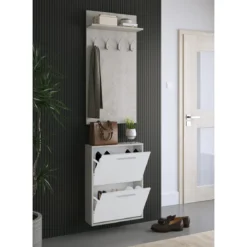 Kate Cement mobile da Ingresso Cemento e Bianco Opaco con Scarpiera 54 x 18 x h 73 cm e pannello appendiabiti 54 x 15 x h 108 cm