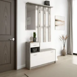 Ken cement mobile ingresso con specchio e scarpiera finitura larice bianco e grigio cemento larghezza 97 cm