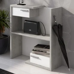 Kiara cement mobile ingresso essen cement 2 cassetti e specchio h100 cm finitura cemento e larice bianco 83x29xh90 cm