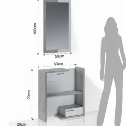 Kiara cement mobile ingresso essen cement 2 cassetti e specchio h100 cm finitura cemento e larice bianco 83x29xh90 cm