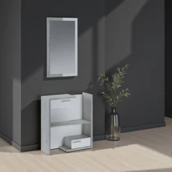 Kiara cement mobile ingresso essen cement 2 cassetti e specchio h100 cm finitura cemento e larice bianco 83x29xh90 cm