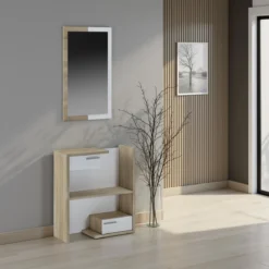 Kiara Wood mobile Ingresso con Specchio e 2 cassetti finitura Rovere e Larice Bianco, 83 x 29 x h 90 cm