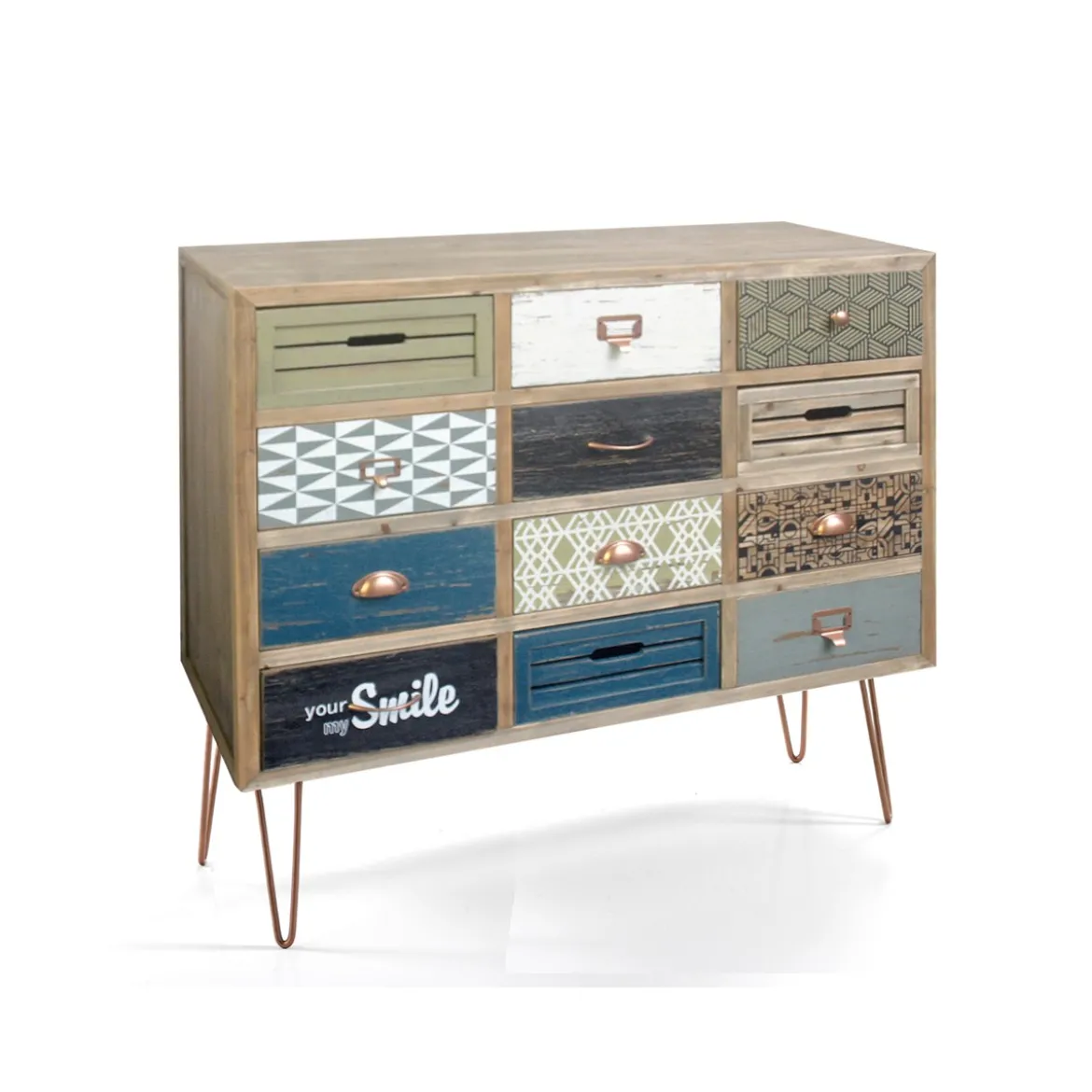 Kijo cassettiera in abete decorato con 12 cassetti colorati cm h95 l113 p40