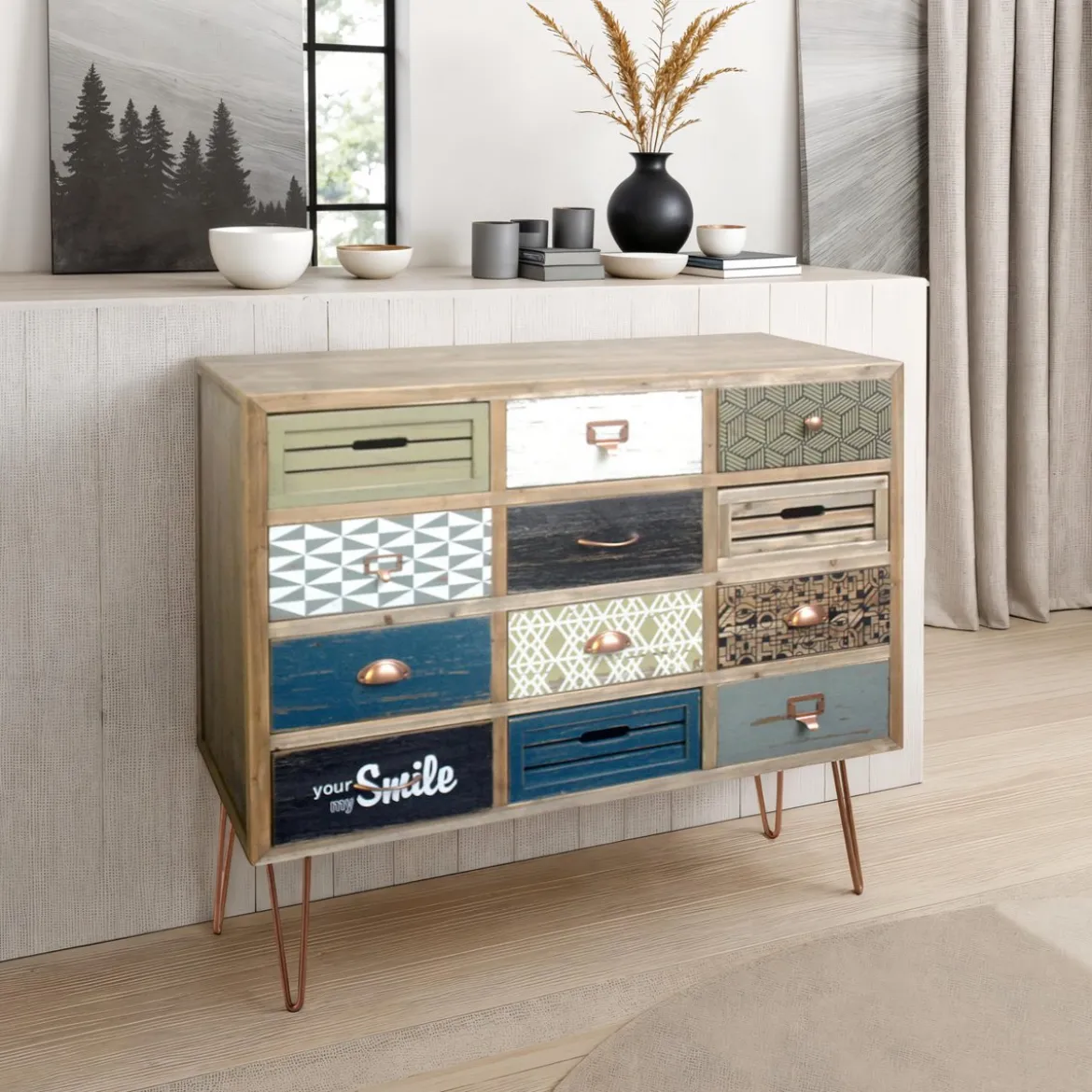 Kijo cassettiera in abete decorato con 12 cassetti colorati cm h95 l113 p40
