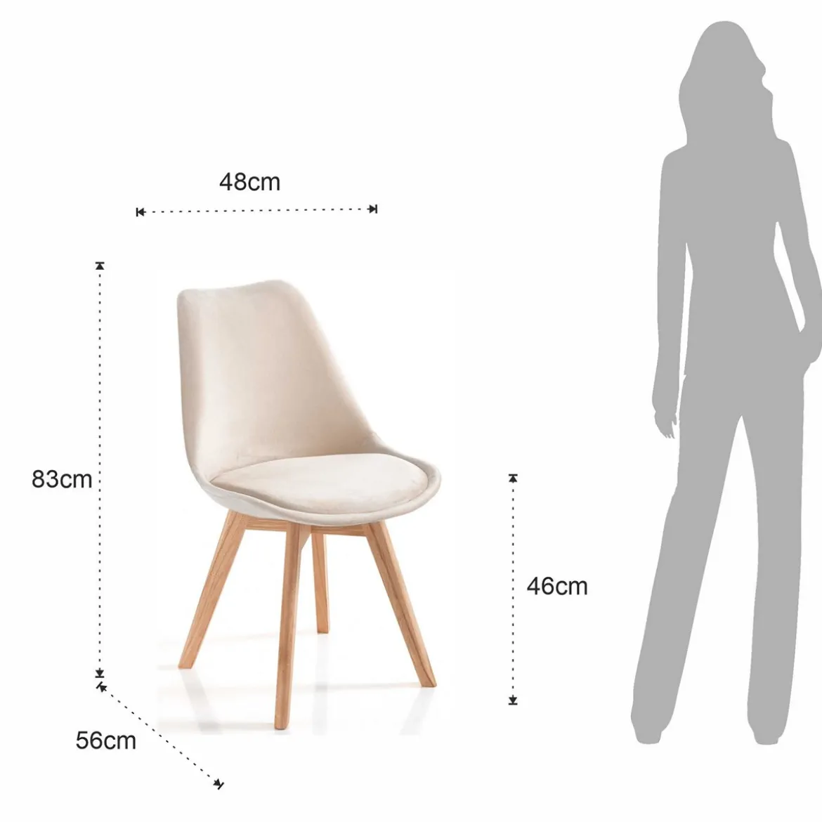 Kiki Soft Beige Sedia Tessuto colore panna gambe legno massello finitura rovere cm h83 l48 p56