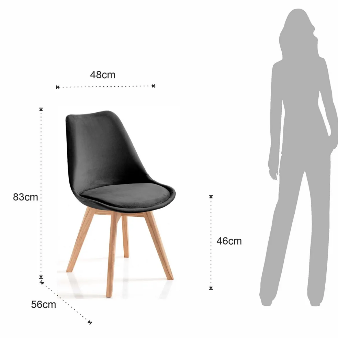 Kiki Soft Black Sedia Tessuto colore Nero gambe in legno massello finitura rovere cm h83 l48 p56
