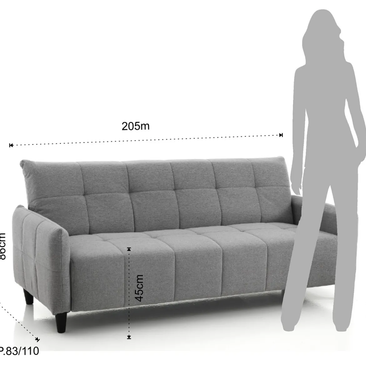 Kiry divano letto pratico meccanismo tessuto grigio divano l205 p83 h86 letto l180 p110 h45