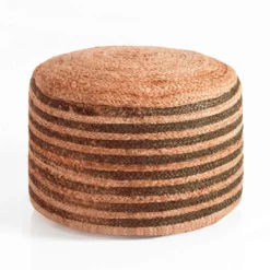 Kuala pouf juta juta intrecciata righe marrone naturale e dettagli oro d50xh30 cm