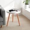 Kyra round tavolino in mdf lacccato bianco opaco e legno massello tinto rovere d49 h51 cm