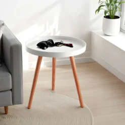 Kyra round tavolino in mdf lacccato bianco opaco e legno massello tinto rovere d49 h51 cm